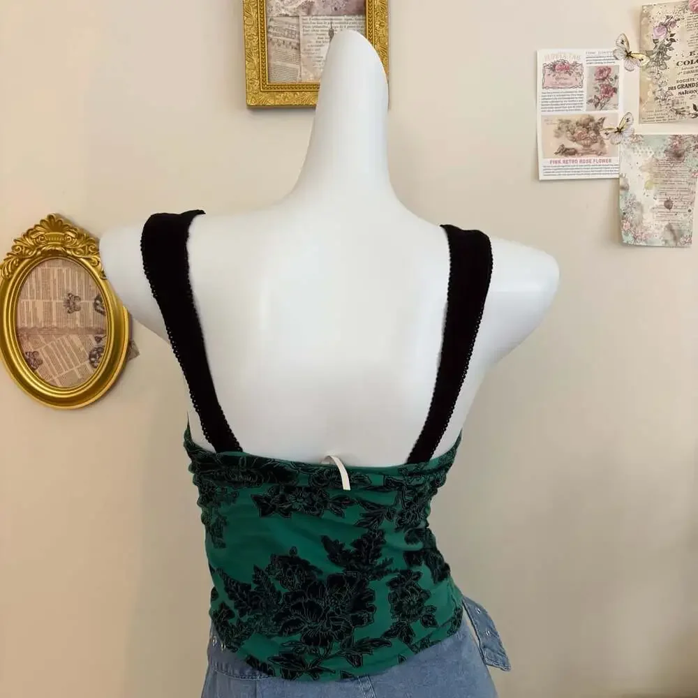 Free People Camisole Size XS Green Black Floral Print Tank Top